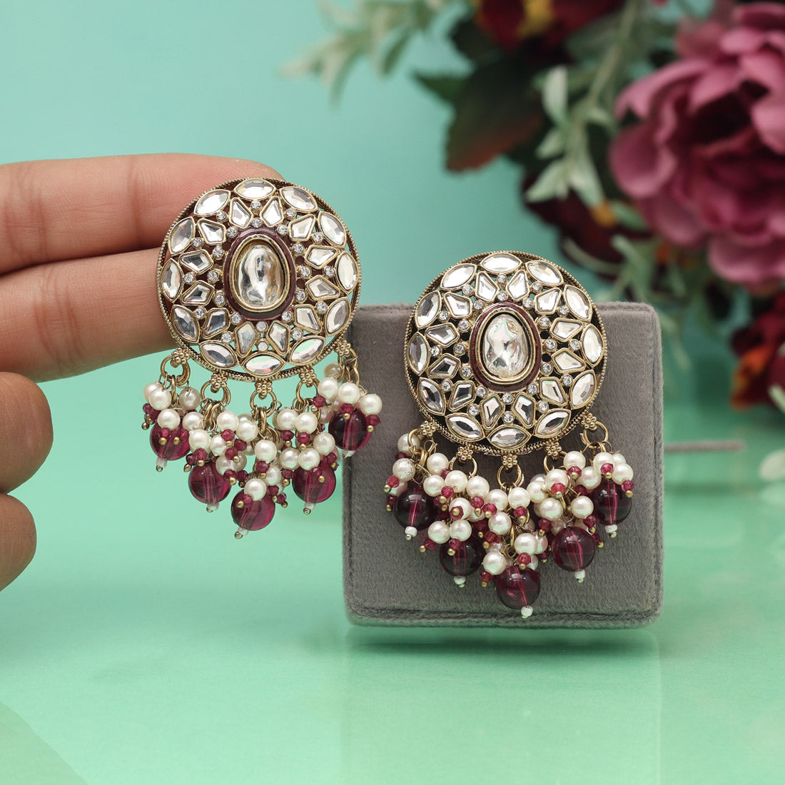 Purple Color Meena Work Kundan Earrings (KDE1032PRP) - Preyans.com