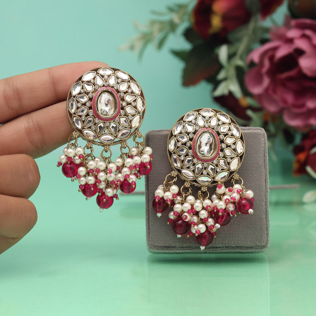 Rani Color Meena Work Kundan Earrings (KDE1032RNI) - Preyans.com