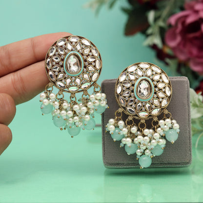 Sky Blue Color Meena Work Kundan Earrings (KDE1032SBLU) - Preyans.com