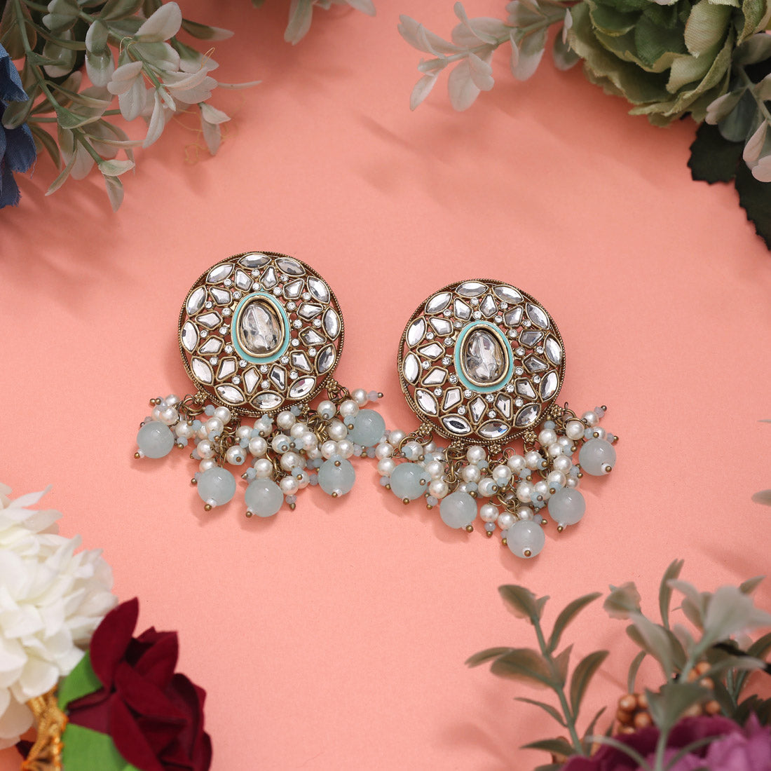 Sky Blue Color Meena Work Kundan Earrings (KDE1032SBLU) - Preyans.com