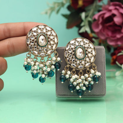 Turquoise Blue Color Meena Work Kundan Earrings (KDE1032TBLU) - Preyans.com