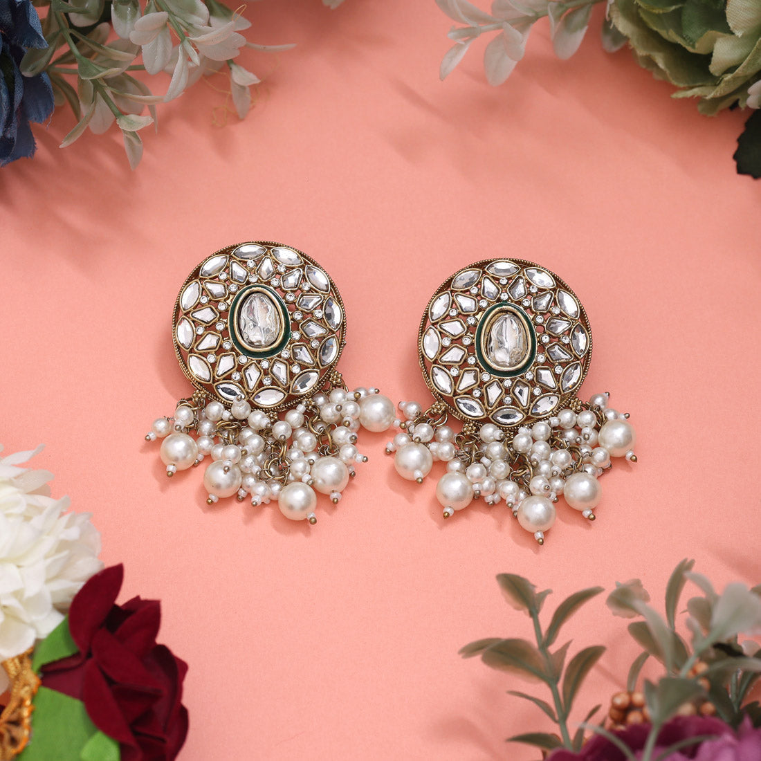 White Color Meena Work Kundan Earrings (KDE1032WHT) - Preyans.com