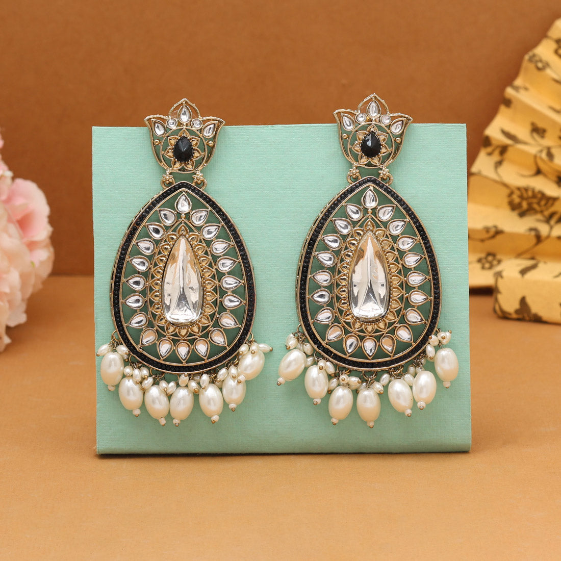 Black Color Kundan Earrings (KDE1033BLK) - Preyans.com