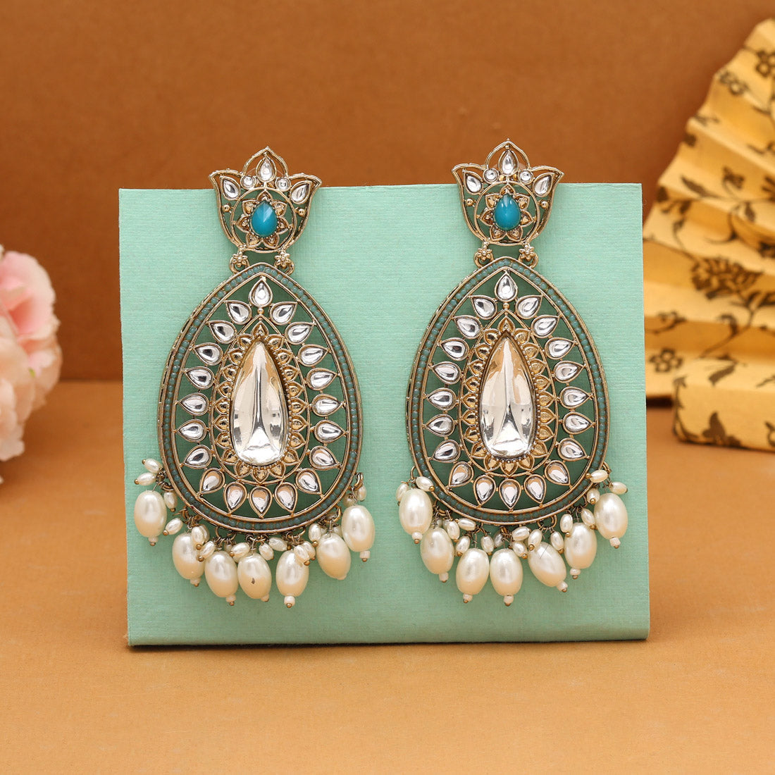 Firozi Color Kundan Earrings (KDE1033FRZ) - Preyans.com