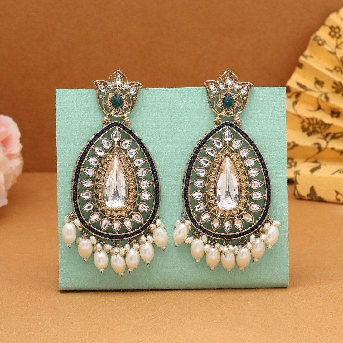 Green Color Kundan Earrings (KDE1033GRN) - Preyans.com