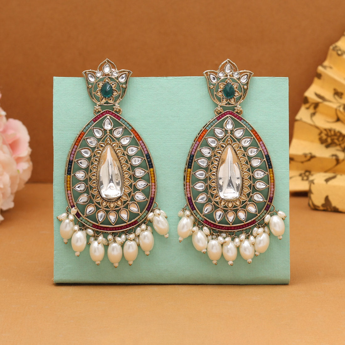 Multi Color Kundan Earrings (KDE1033MLT) - Preyans.com