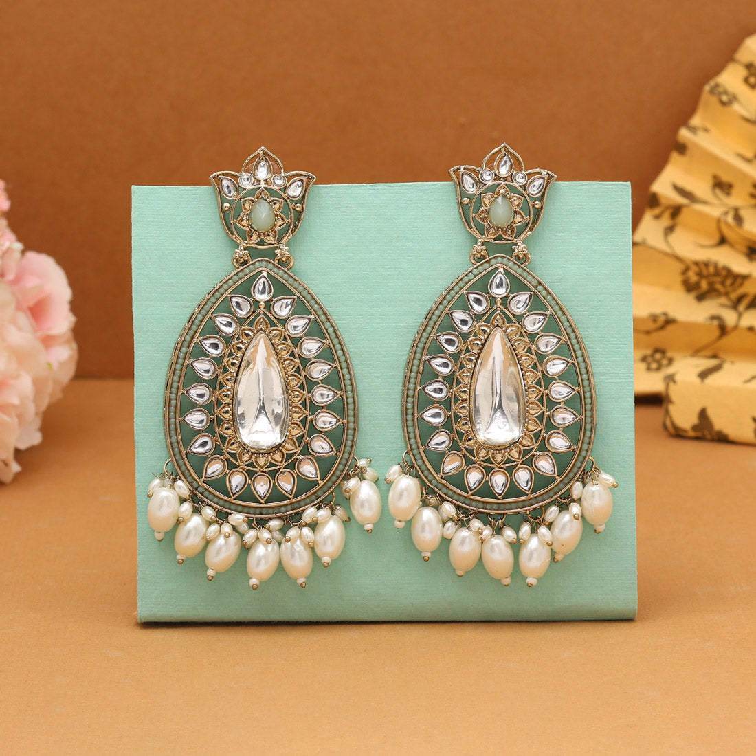 Pista Green Color Kundan Earrings (KDE1033PGRN) - Preyans.com