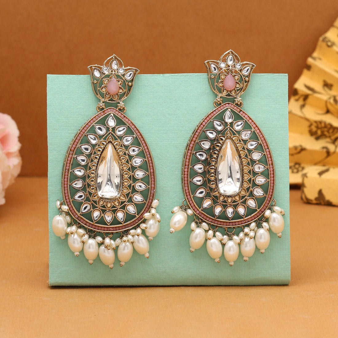 Pink Color Kundan Earrings (KDE1033PNK) - Preyans.com