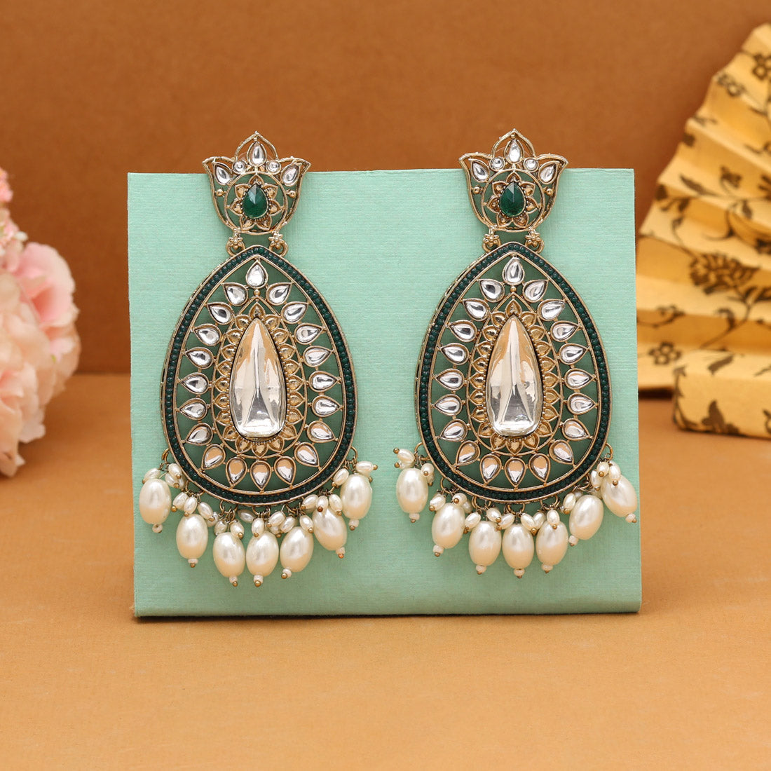 Rama Green Color Kundan Earrings (KDE1033RGRN) - Preyans.com