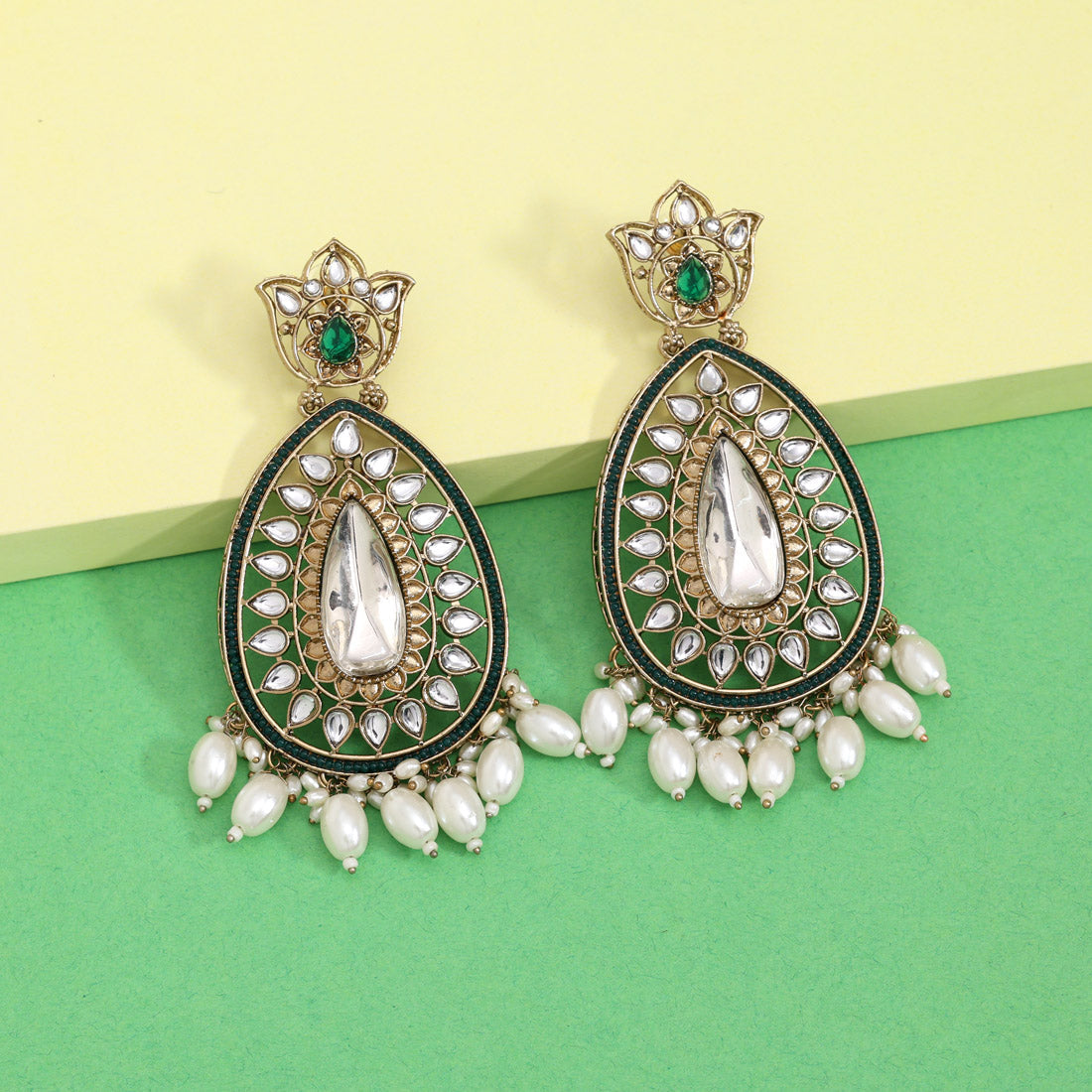 Rama Green Color Kundan Earrings (KDE1033RGRN) - Preyans.com