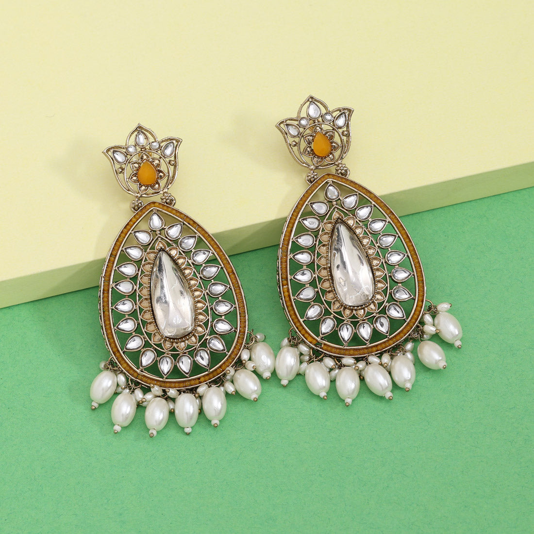 Yellow Color Kundan Earrings (KDE1033YLW) - Preyans.com