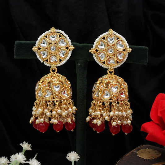 Red Color Big Jhumka Kundan Earrings (KDE608RED) - preyans.com