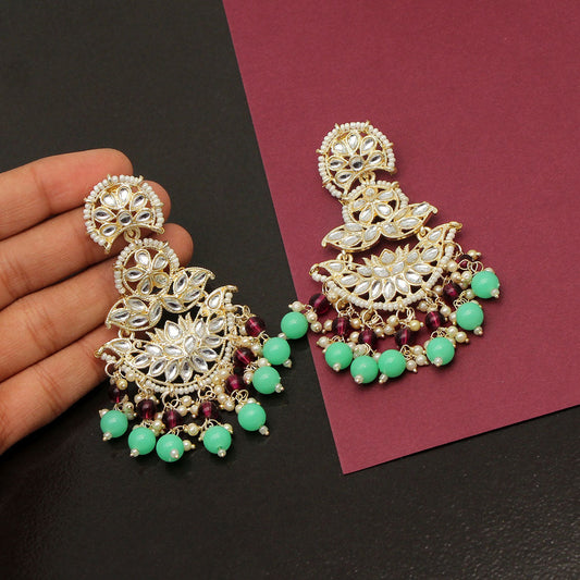 Parrot Green Color Kundan Earrings (KDE682PGRN) - preyans.com