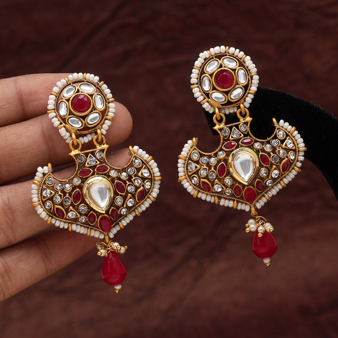 Rani Color Kundan Earrings (KDE696RNI) - preyans.com