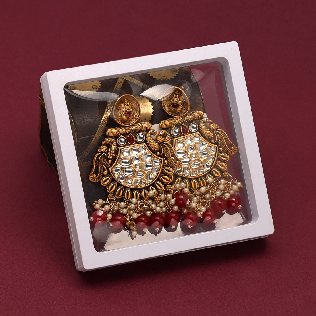 Maroon Color Kundan Earrings (KDE698MRN) - preyans.com