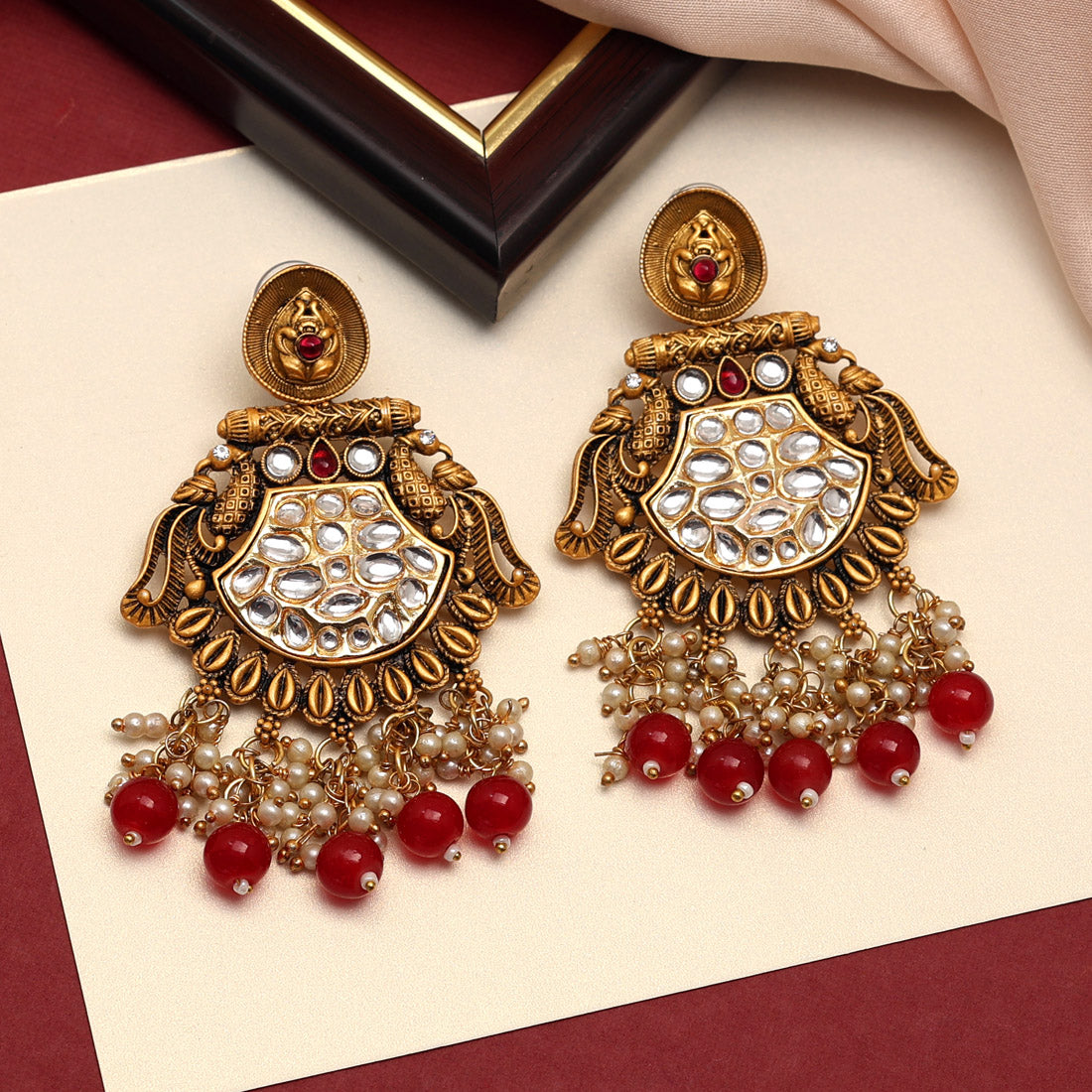 Maroon Color Kundan Earrings (KDE698MRN) - preyans.com