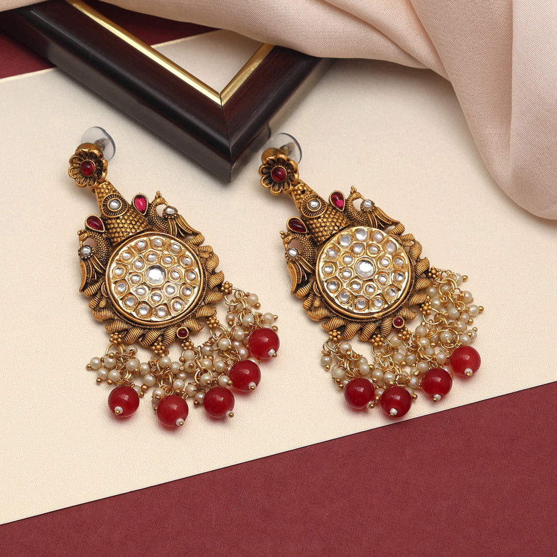 Maroon Color Kundan Earrings (KDE700MRN) - preyans.com