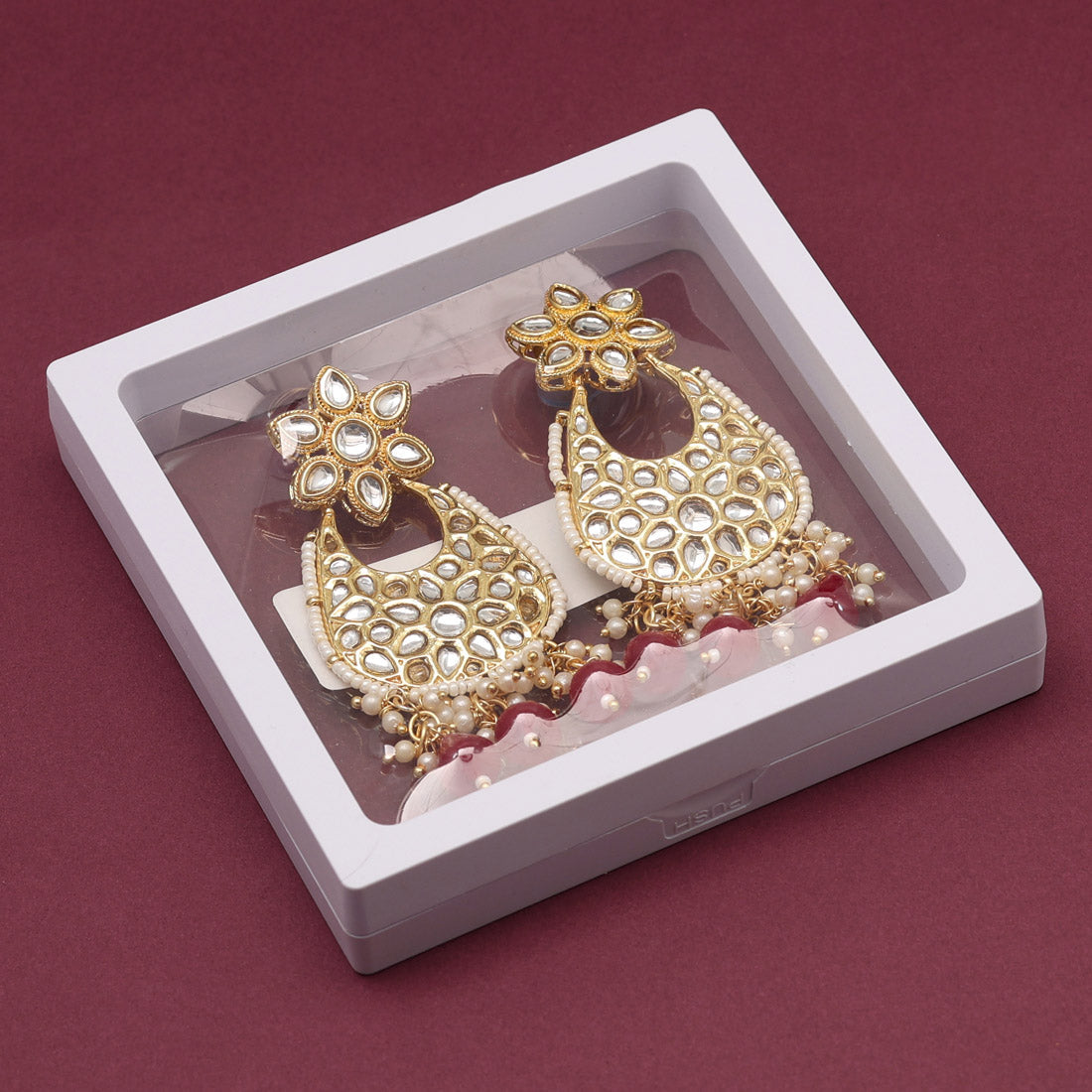 Maroon Color Kundan Earrings (KDE779MRN) - preyans.com