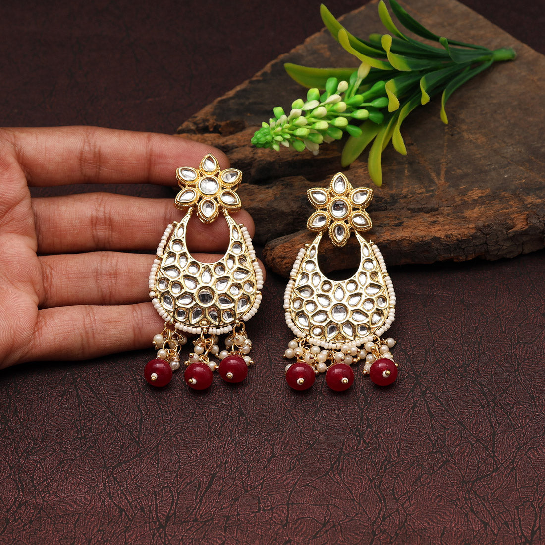 Maroon Color Kundan Earrings (KDE779MRN) - preyans.com