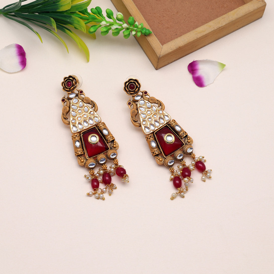 Maroon Color Kundan Earrings (KDE785MRN) - preyans.com