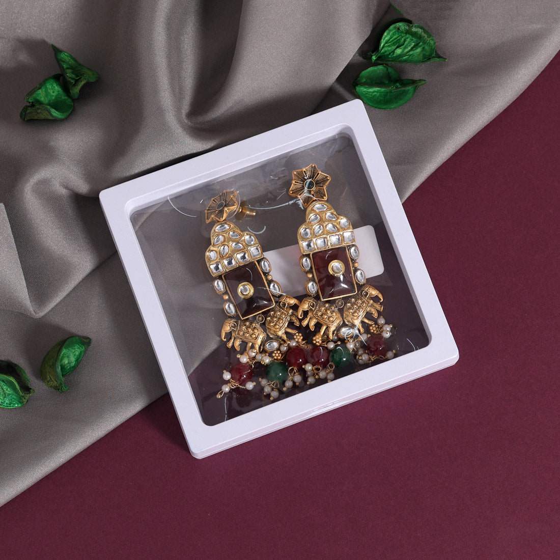 Maroon & Green Color Kundan Earrings (KDE786MG) - preyans.com