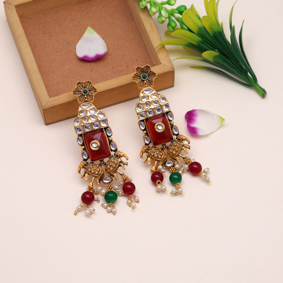 Maroon & Green Color Kundan Earrings (KDE786MG) - preyans.com