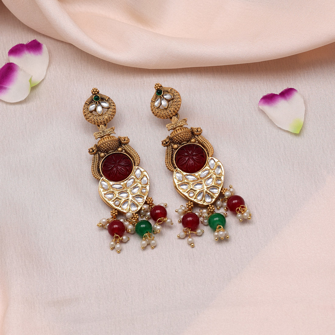 Maroon & Green Color Kundan Earrings (KDE788MG) - preyans.com