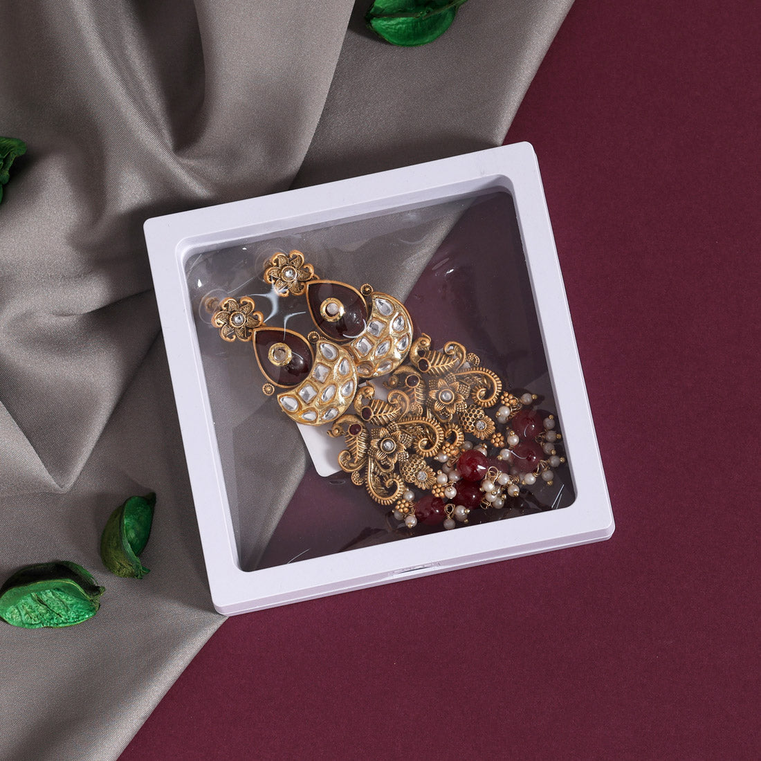 Maroon Color Kundan Earrings (KDE790MRN) - preyans.com