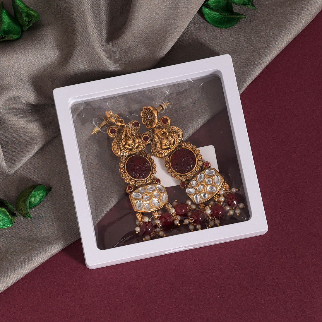 Maroon Color Kundan Earrings (KDE791MRN) - preyans.com