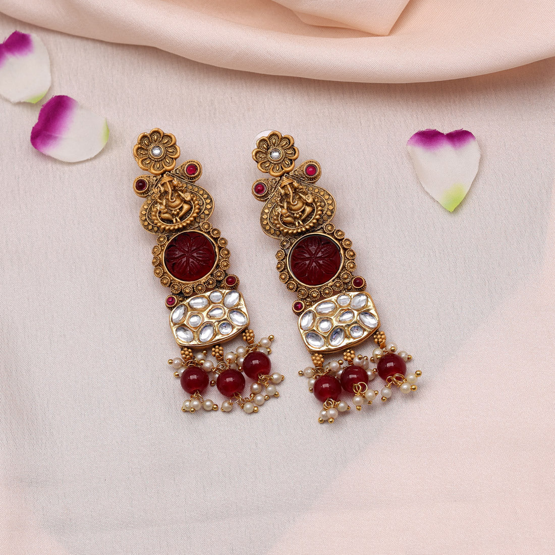 Maroon Color Kundan Earrings (KDE791MRN) - preyans.com