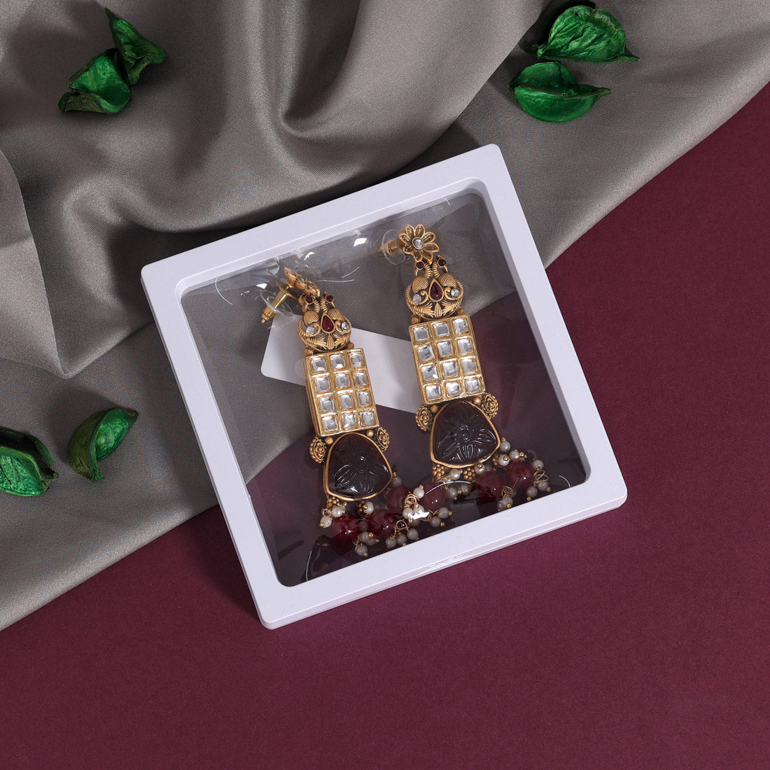 Maroon Color Kundan Earrings (KDE793MRN) - preyans.com