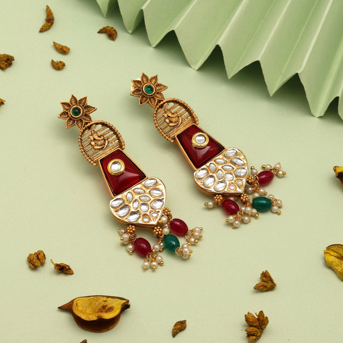 Maroon & Green Color Kundan Earrings (KDE826MG) - preyans.com