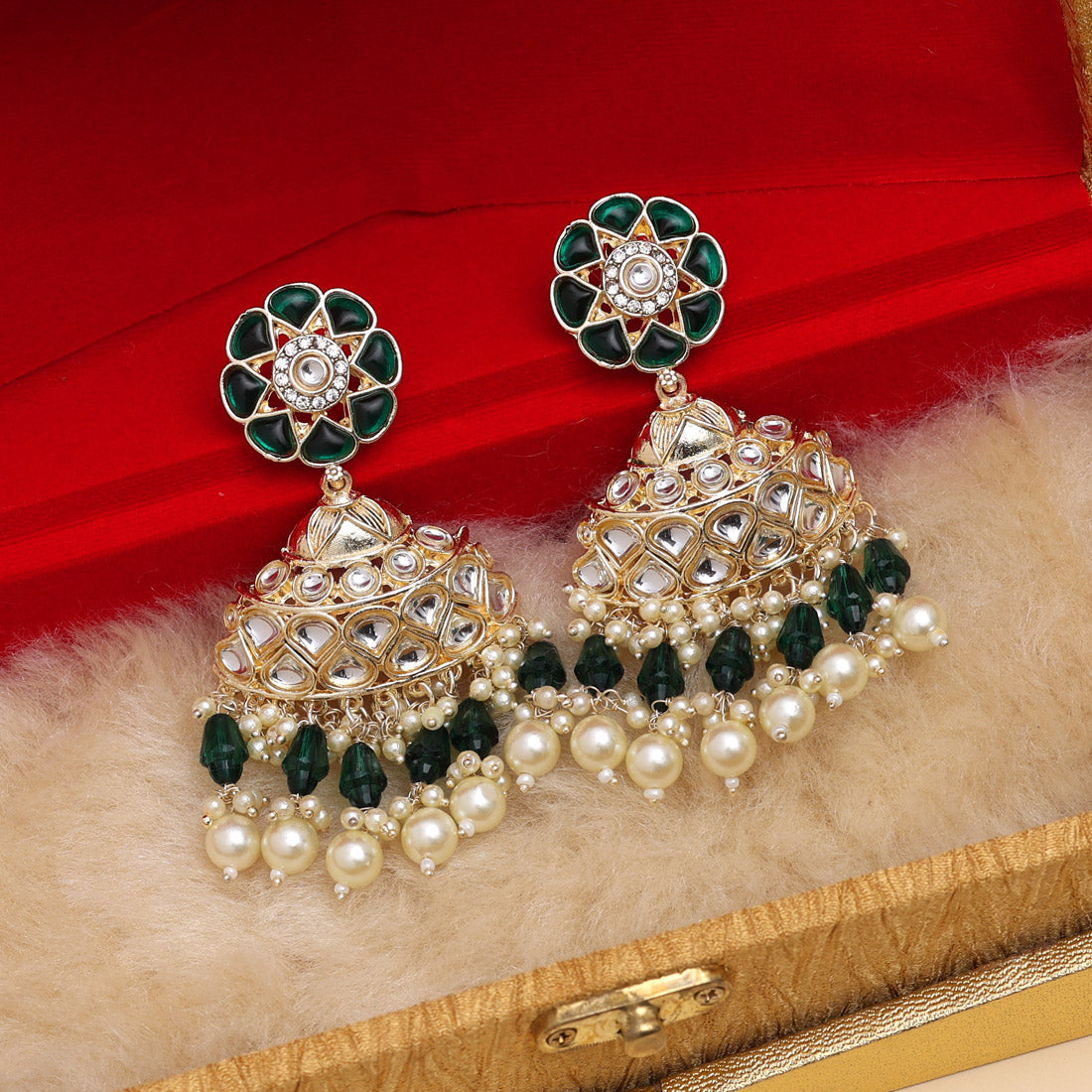 Green Color Kundan Earrings (KDE853GRN) - preyans.com