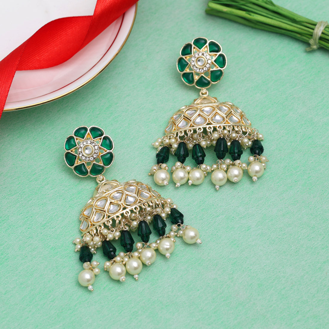 Green Color Kundan Earrings (KDE853GRN) - preyans.com