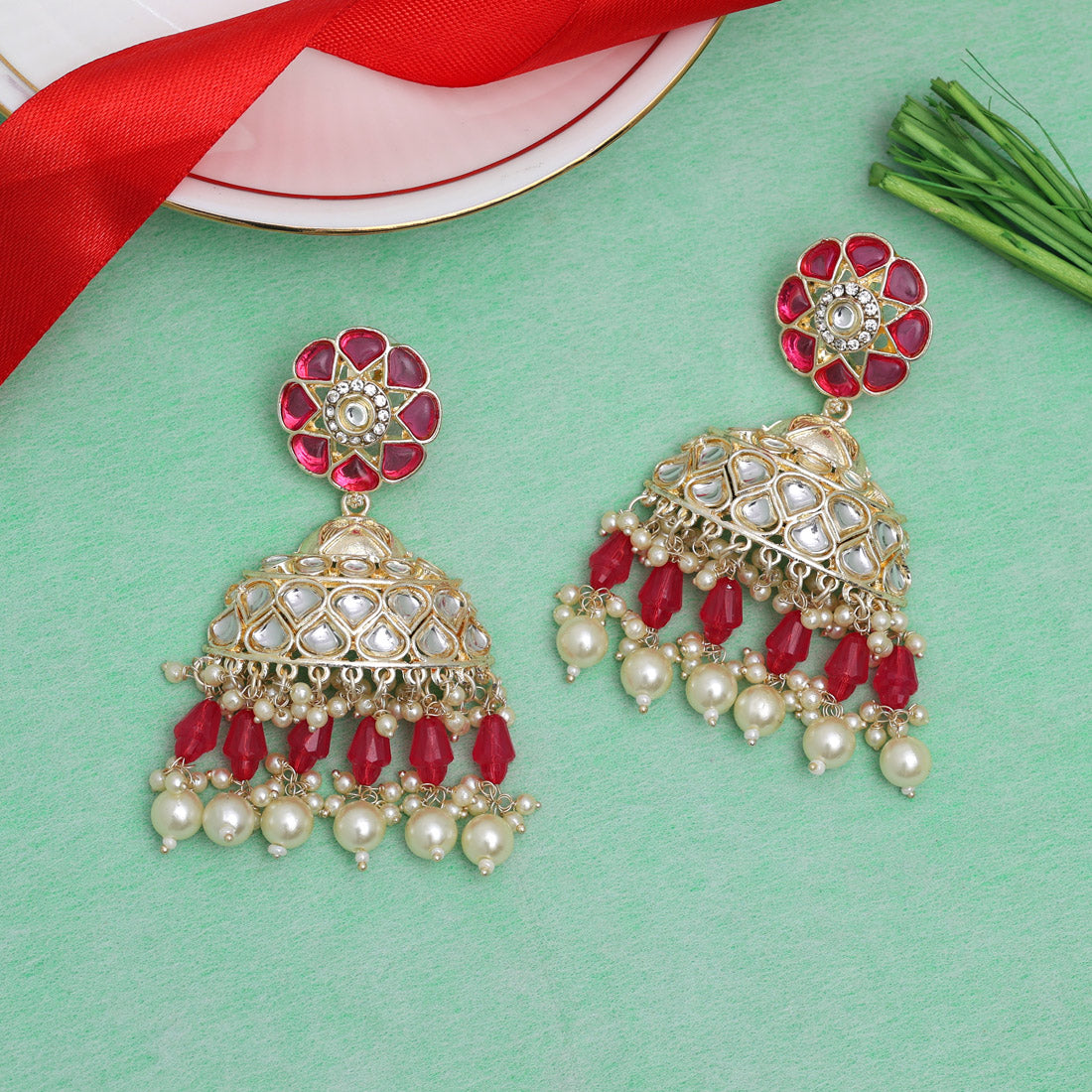 Rani Color Kundan Earrings (KDE853RNI) - preyans.com