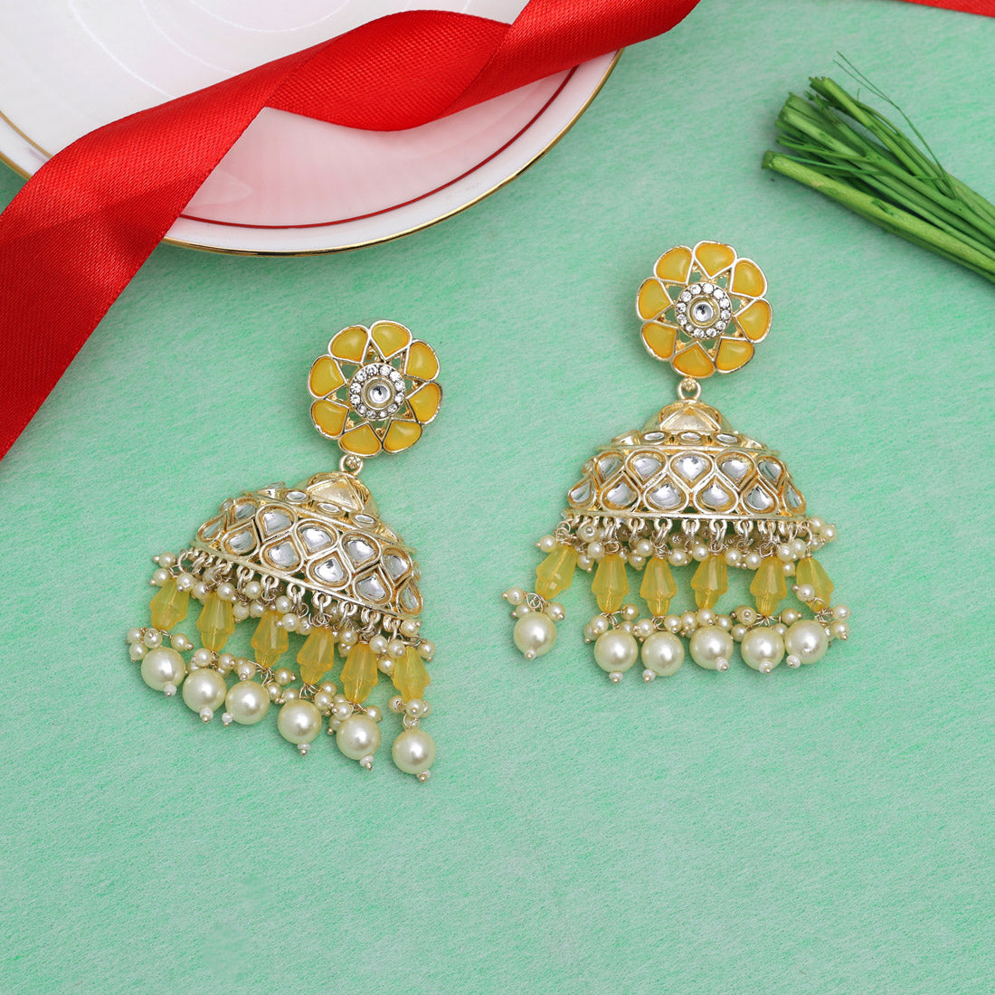 Yellow Color Kundan Earrings (KDE853YLW) - preyans.com