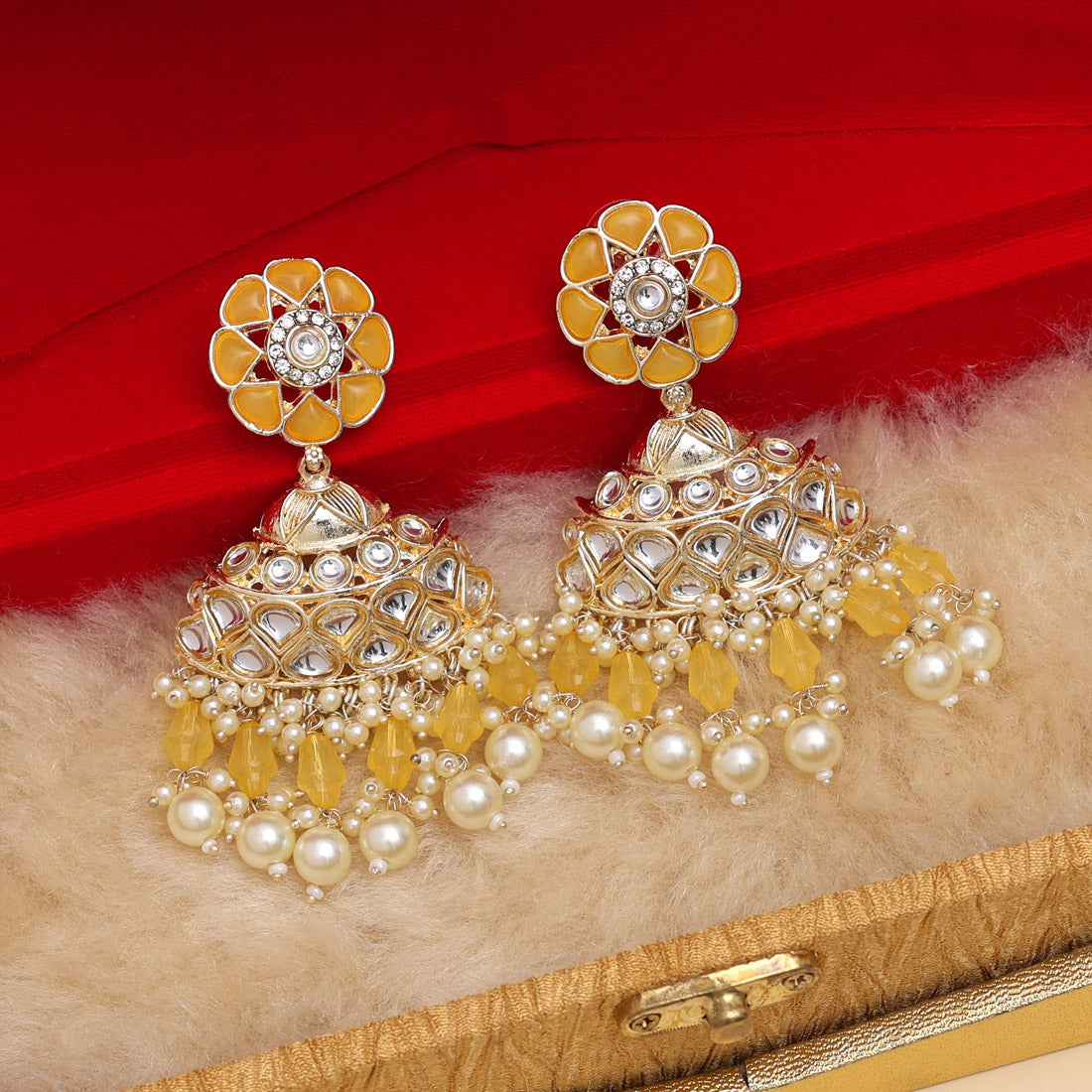 Yellow Color Kundan Earrings (KDE853YLW) - preyans.com