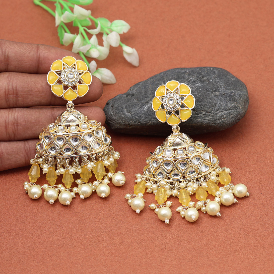 Yellow Color Kundan Earrings (KDE853YLW) - preyans.com