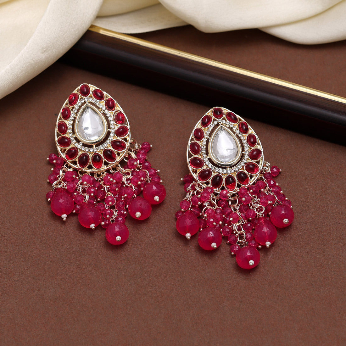 Rani Color Kundan Earrings (KDE857RNI) - preyans.com