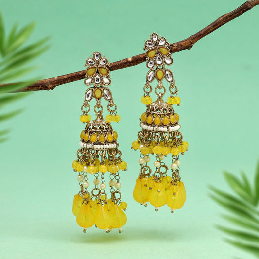 Yellow Color Kundan Earrings (KDE864YLW) - preyans.com