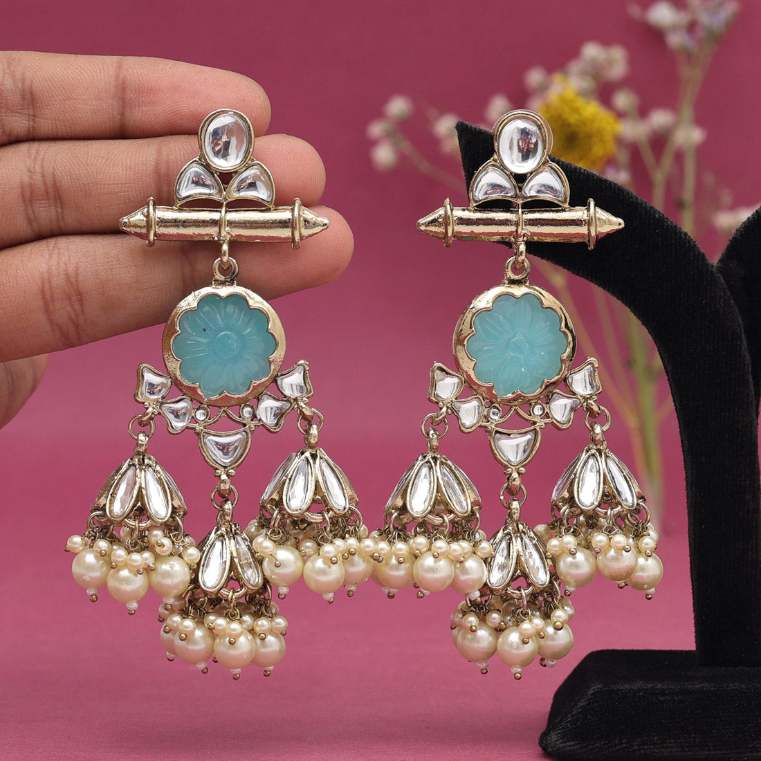 Firozi Color Kundan Earrings (KDE883FRZ) - preyans.com