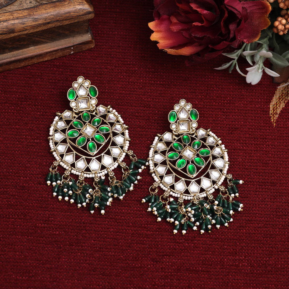 Green Color Kundan Earrings (KDE893GRN) - preyans.com