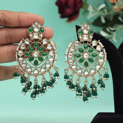 Green Color Kundan Earrings (KDE893GRN) - preyans.com