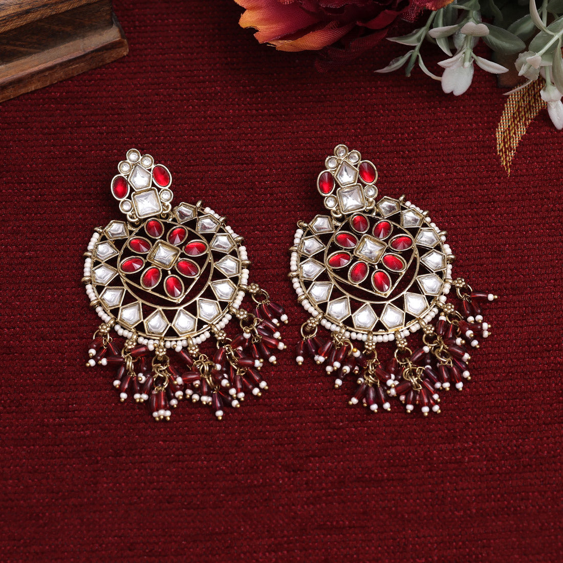 Maroon Color Kundan Earrings (KDE893MRN) - preyans.com