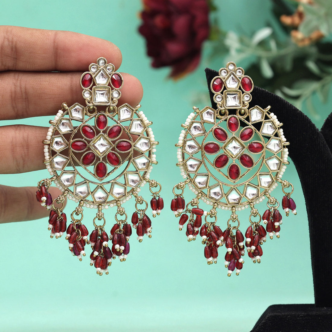 Maroon Color Kundan Earrings (KDE893MRN) - preyans.com