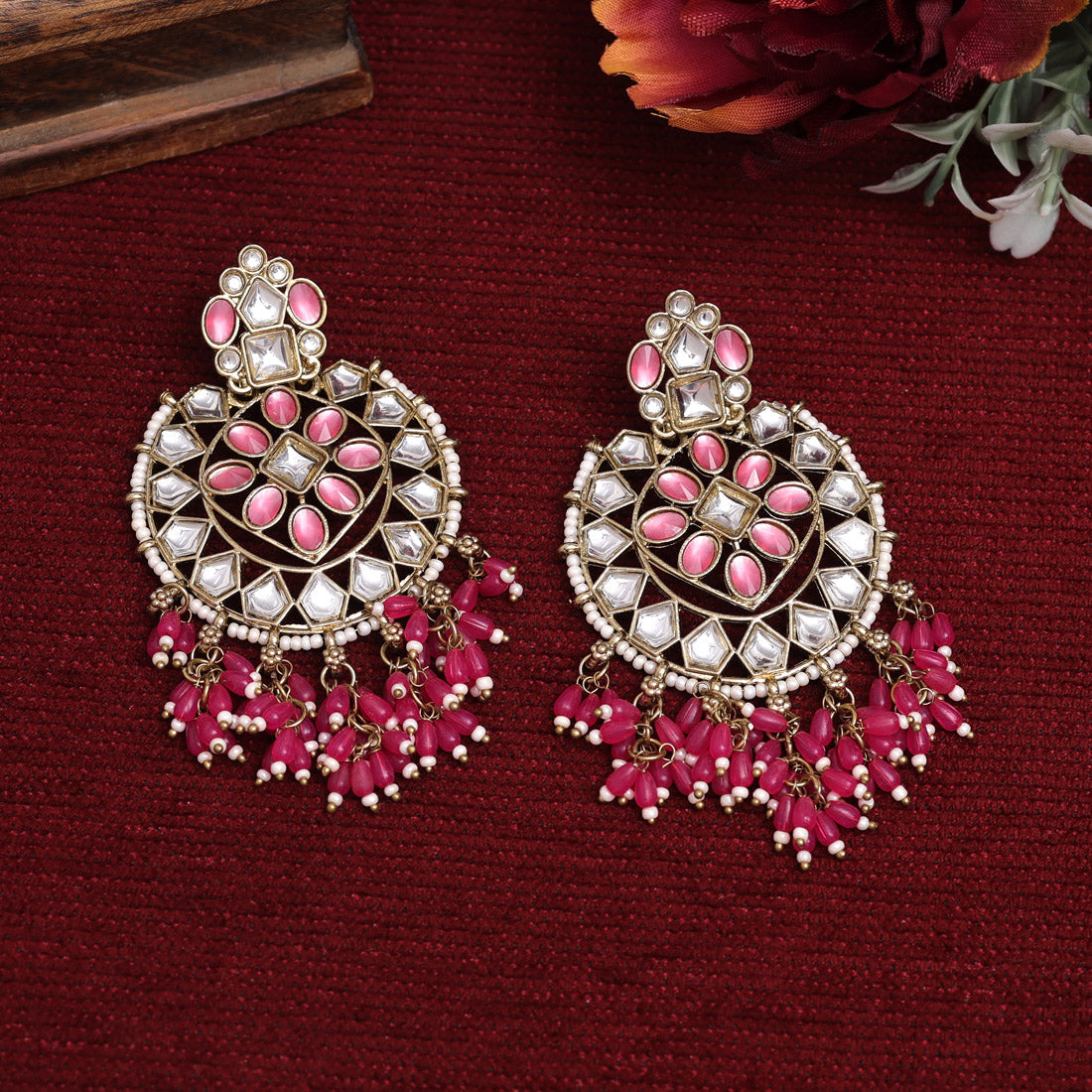 Rani Color Kundan Earrings (KDE893RNI) - preyans.com