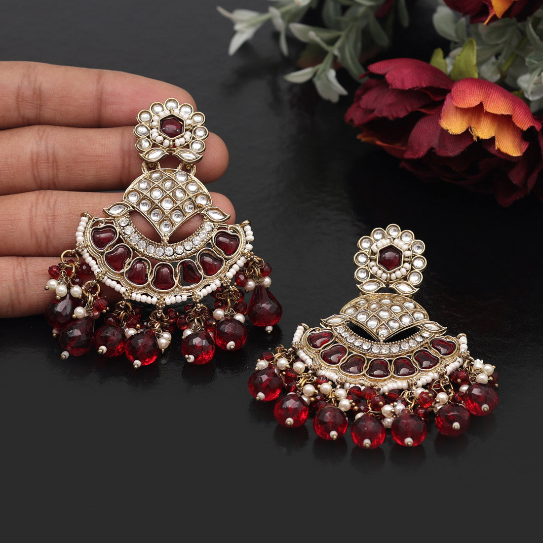 Maroon Color Kundan Earrings (KDE898MRN) - preyans.com