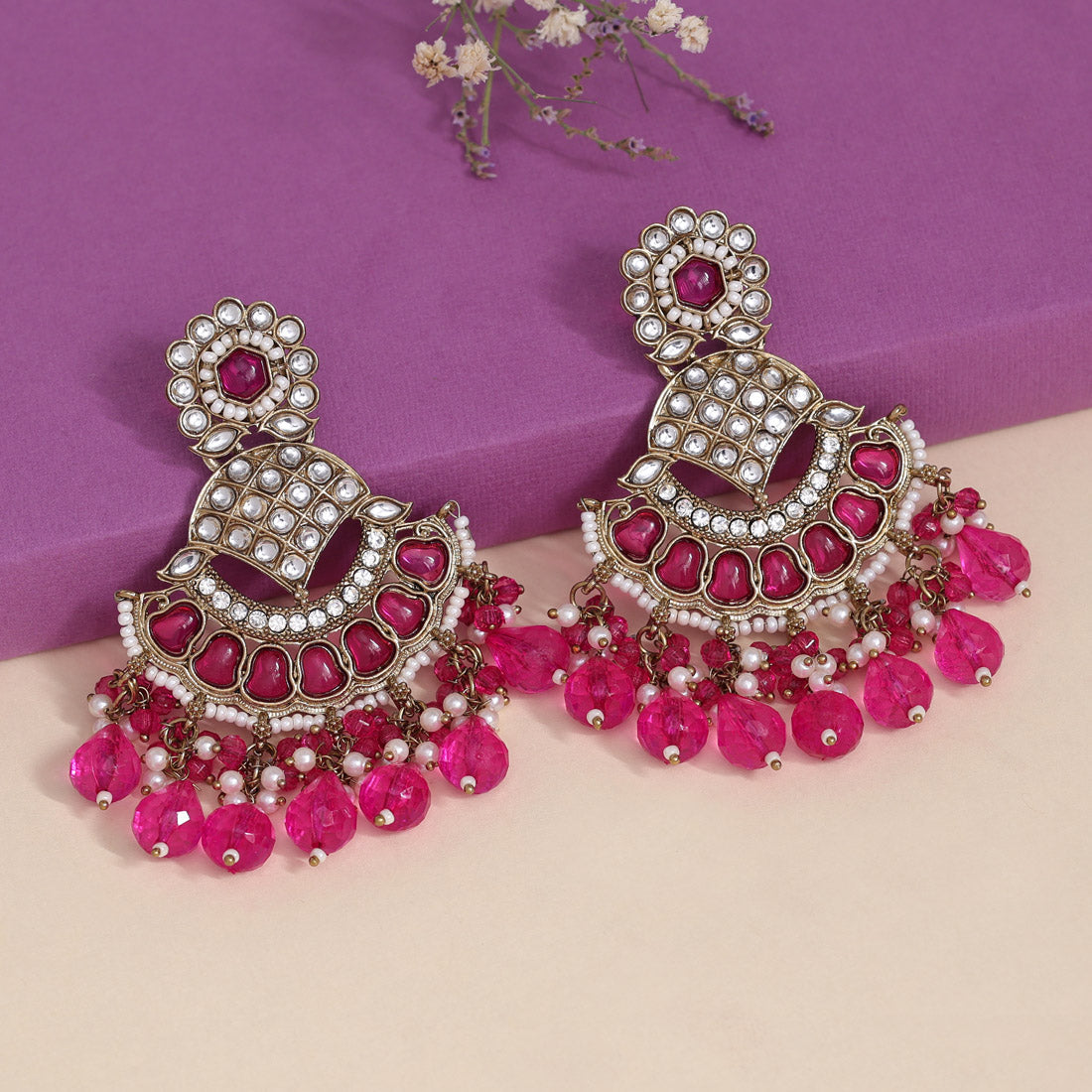 Rani Color Kundan Earrings (KDE898RNI) - preyans.com