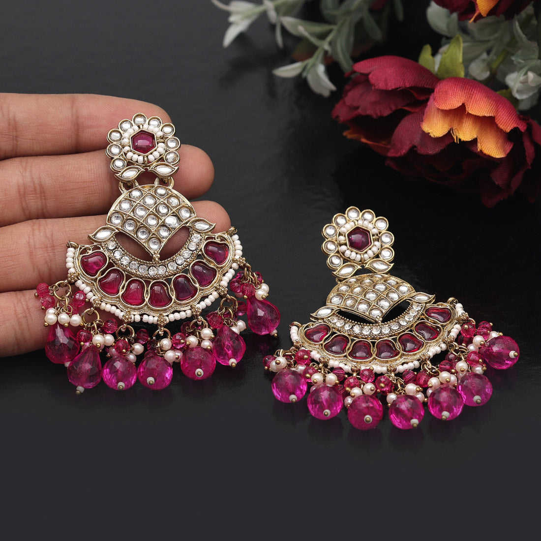 Rani Color Kundan Earrings (KDE898RNI) - preyans.com