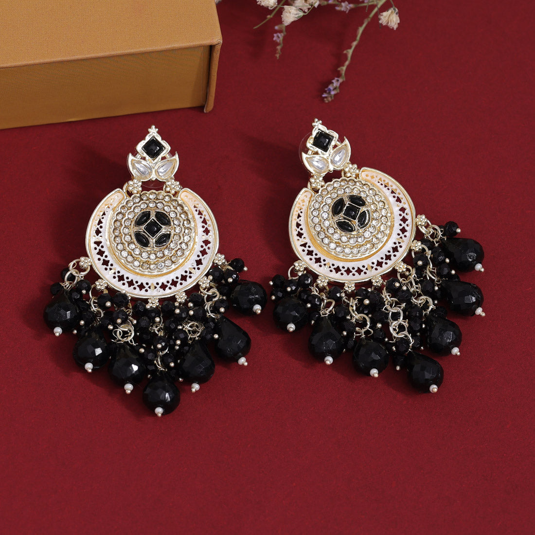 Black Color Kundan Earrings (KDE900BLK) - preyans.com